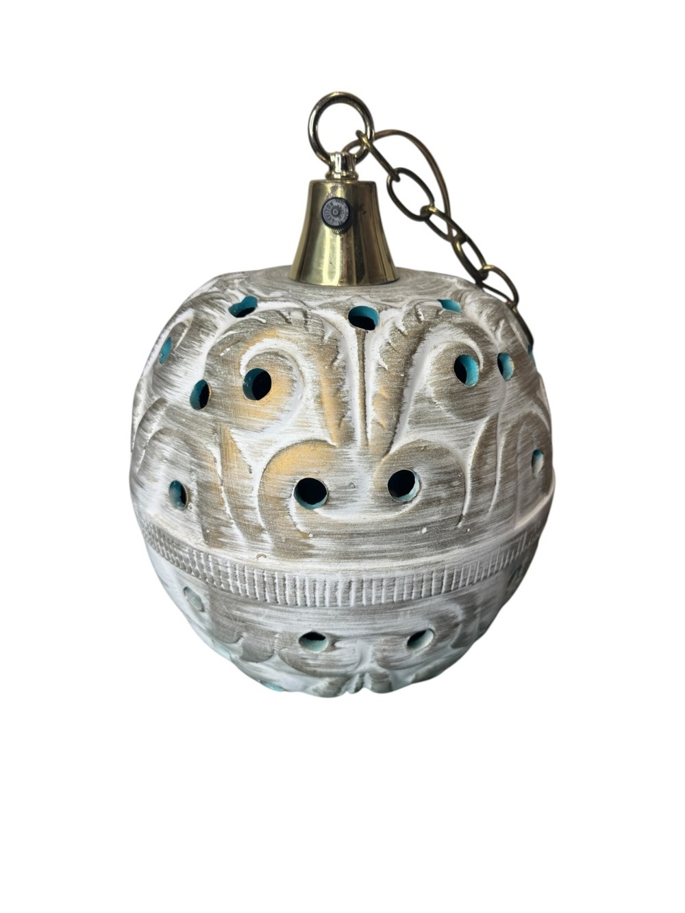 Vintage Ceramic Pendant Light Swag Lamp Whitewashed Brass Chain Pierced Boho